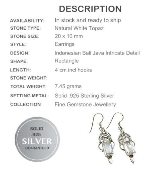 Indonesian Bali Java- Natural White Topaz set in Solid .925 Sterling Silver Earrings