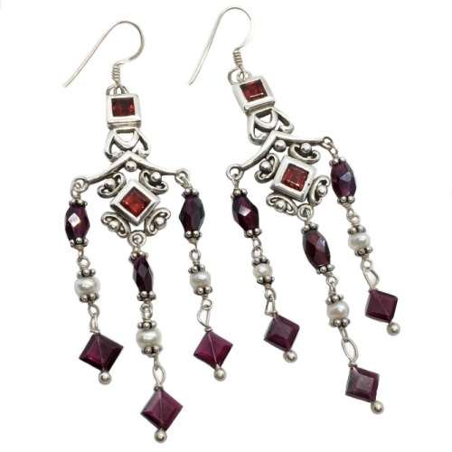 Natural Deep Red Mozambique, Rhodolite Garnet, Seed Pearl in Solid .925 Sterling Silver Earrings