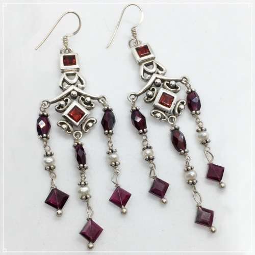 Natural Deep Red Mozambique, Rhodolite Garnet, Seed Pearl in Solid .925 Sterling Silver Earrings
