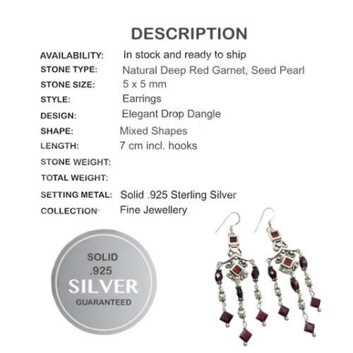 Natural Deep Red Mozambique, Rhodolite Garnet, Seed Pearl in Solid .925 Sterling Silver Earrings