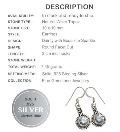 Indonesian Bali Java Faceted White Topaz Gemstone set in Solid .925 Sterling Silver Earrings