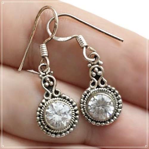 Indonesian Bali Java Faceted White Topaz Gemstone set in Solid .925 Sterling Silver Earrings