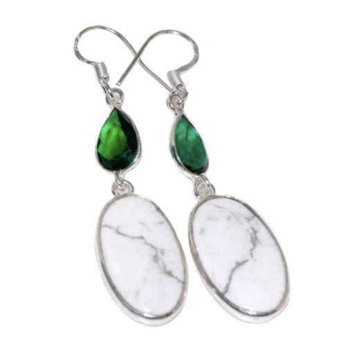 Natural Howlite and Emerald Quartz Gemstone .925 Sterling Silver Earrings
