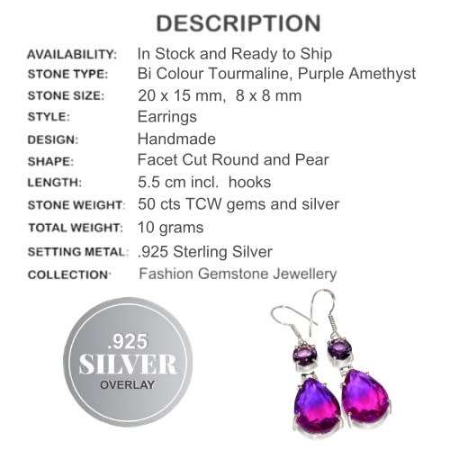 Bi-Colour Tourmaline , Amethyst Mixed Shapes in .925 Sterling Silver Plated Handmade Earrings