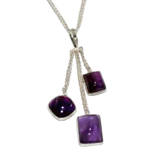 Natural Purple Amethyst Mixed Shape Gemstones set in .925 Sterling Silver Plated Handmade Necklace