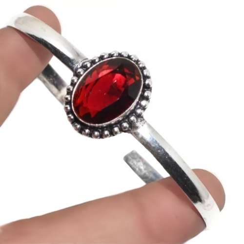 Garnet Faceted Oval Gemstone set in .925 Sterling Silver Plated Handmade Adjustable Bangle