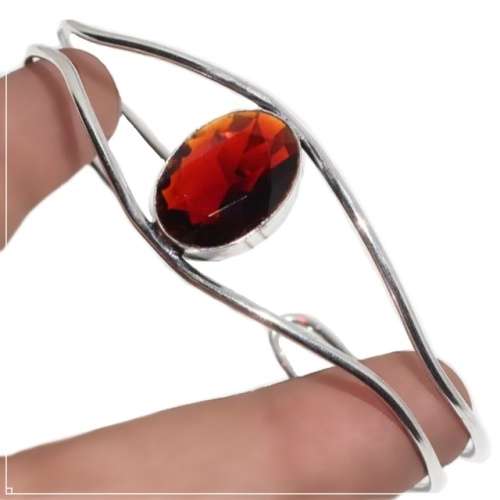 Faceted Garnet Oval Gemstone set in .925 Sterling Silver Plated Handmade Adjustable Bangle