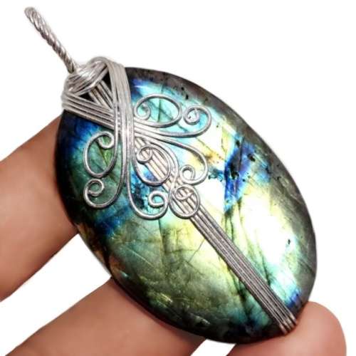 Natural Luminescent Labradorite Oval Gemstone in .925 Sterling Silver Wire Handmade Pendant