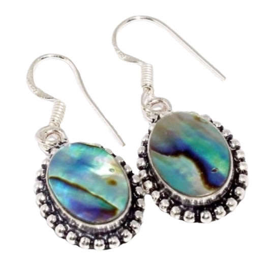 Natural New Zealand Abalone Oval Shell set in 925 Sterling Silver Plated Antique Style Earrings