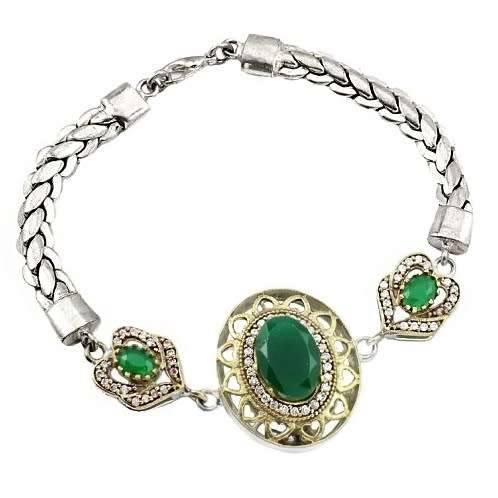 Turkish Faceted Emerald, Ruby, Zirconia Gemstone .925 Silver, Solid Brass Bracelet