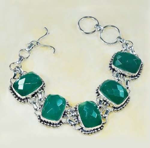 Handmade Chrysoprase Checkerboard Facet Cut Gemstone in .925 Sterling Silver Plated Bracelet