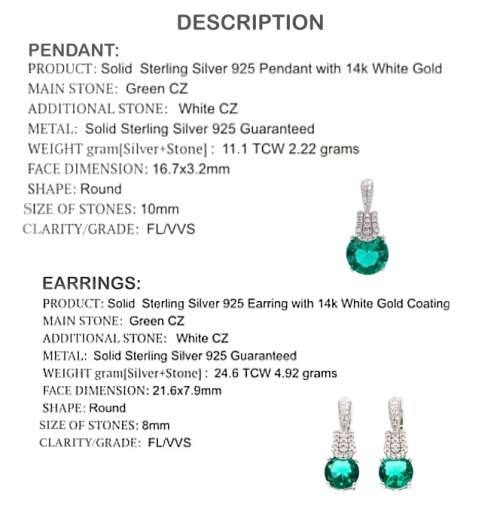Breathtaking AAA+  Green , White Cubic Zirconia  Solid .925 Silver 14K W/Gold Pendant and Earrings