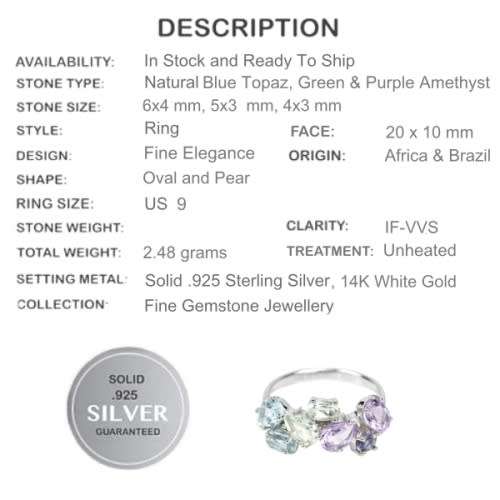 Natural Green/ Purple Amethyst Blue Topaz Gemstones Solid .925 Sterling Silver Ring Size 9 / R1/2