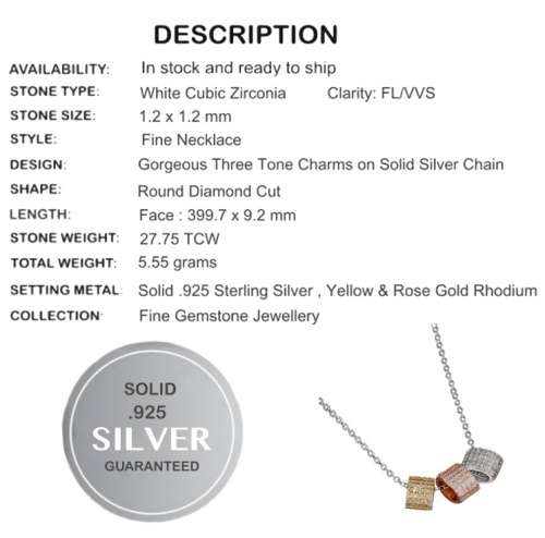 Dainty AAA White Cubic Zirconia Three Tone Solid .925 Sterling Silver Necklace
