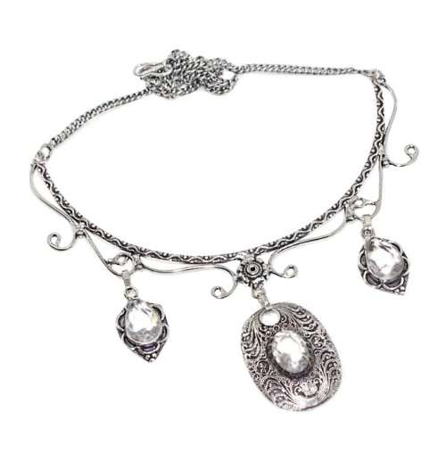 Antique Style Oval Clear Quartz Set in .925 Sterling Silver Plated Handmade Necklace
