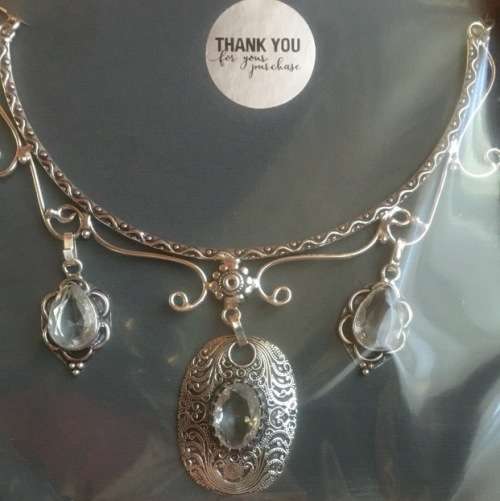 Antique Style Oval Clear Quartz Set in .925 Sterling Silver Plated Handmade Necklace