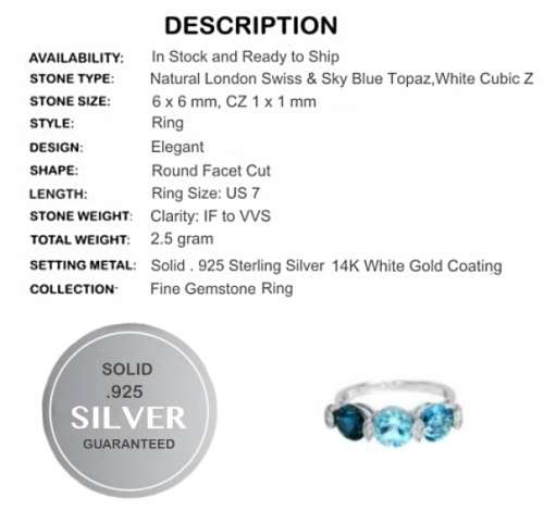 Natural Shades of Sky, Swiss, and London Blue Topaz Gemstone  Solid .925 Silver Size 7 or O