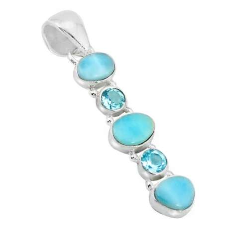 Natural Caribbean Larimar and Blue Topaz Gemstones set in Solid .925 Sterling Silver Pendant