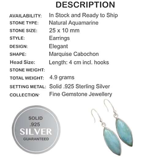 Natural Marquise Shape Aquamarine Gemstone in Solid .925 Sterling Silver Earrings