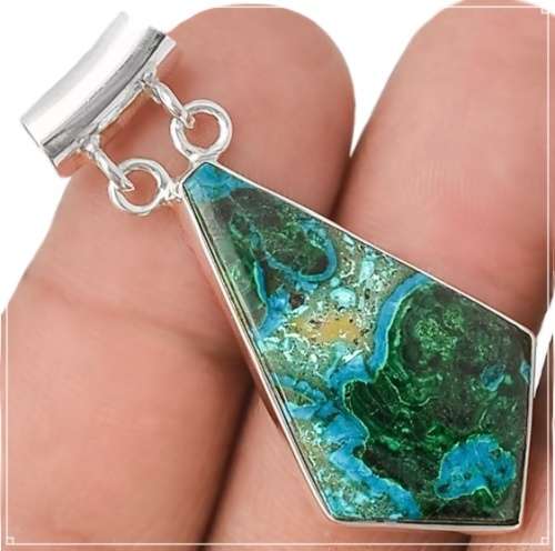 Natural Malachite in Azurite Geometric Gemstone set in Solid .925 Sterling Silver Pendant