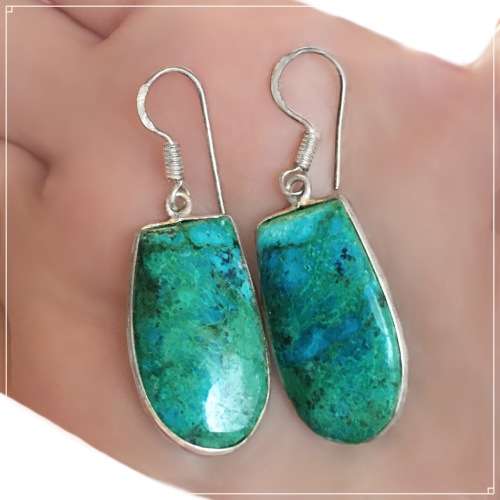 Natural Chrysocolla Gemstone  set in Solid. 925 Sterling Silver Earrings