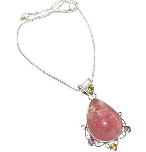 Genuine Rose Quartz with Needles and Mixed Gems in Solid .925 Sterling Silver + Free Chain