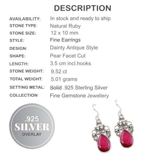 Indonesian Bali 9.52 ct Faceted Red Ruby Gemstone Solid .925 Sterling Silver Earrings