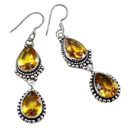 Handmade Faceted Citrine Pear Shape Gemstones .925 Sterling Silver Plated Earrings