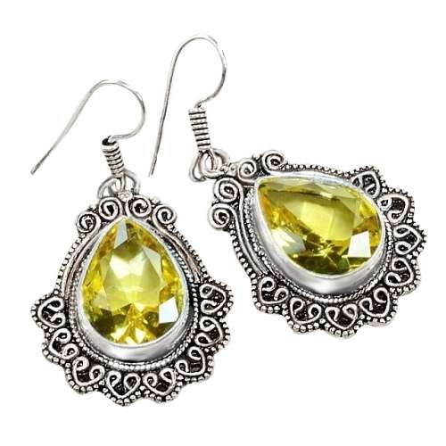 Faceted Citrine Pear Shape Gemstone set in .925 Sterling Silver Plated antique Style Earrings