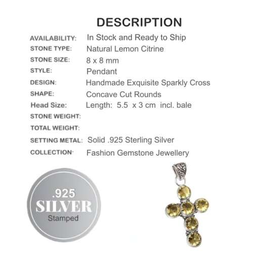 Incredible Sparkle Citrine Quartz Cross Gemstone Pendant .925  Silver Pendant