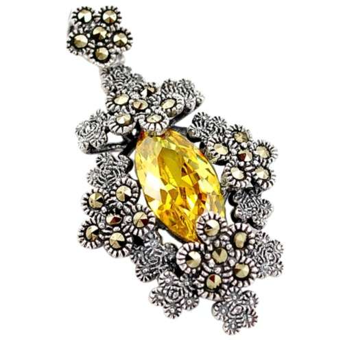 Natural Lemon Topaz and Swiss Marcasite in Solid .925 Sterling Silver Pendant