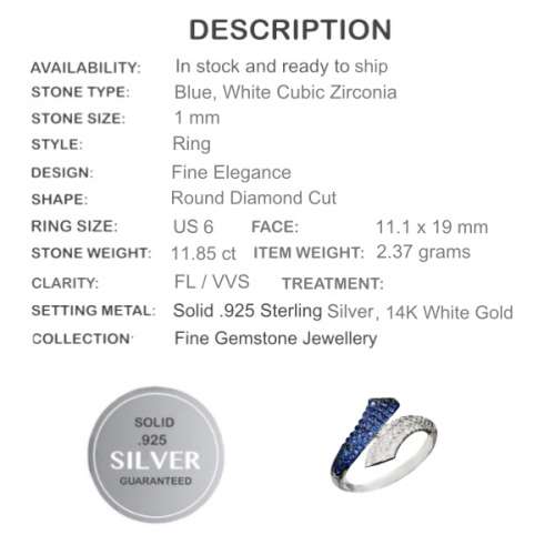 11,85 cts Top Grade Blue and White Cubic Zirconia set in Solid 925 Sterling Silver Ring SIze  6 / M