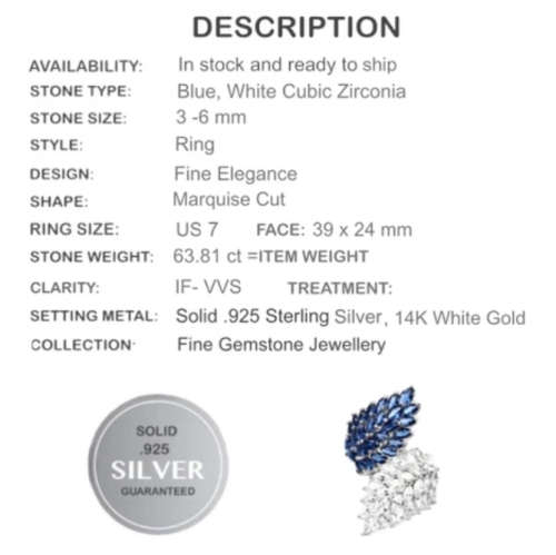 63,81 cts Deluxe Blue and White Cubic Zirconia in Solid 925 Silver 14K White Gold Ring Size 7 / O