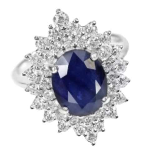 Deluxe Natural Blue Sapphire & White Cubic Zirconia in Solid 925 Silver 14K W/Gold Ring Size 7 / O