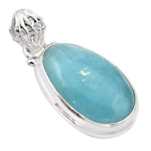 Natural Aquamarine Oval Gemstone set in Solid .925 Sterling Silver Ornate Bale Pendant