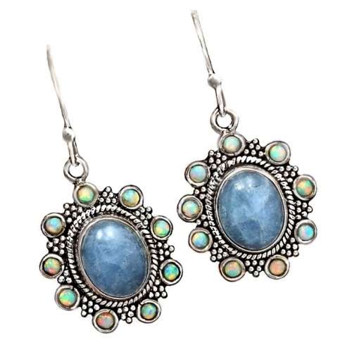 Breathtaking New Arrival Natural Aquamarine , Fire Opal Gemstone Solid .925 Sterling Silver Earrings