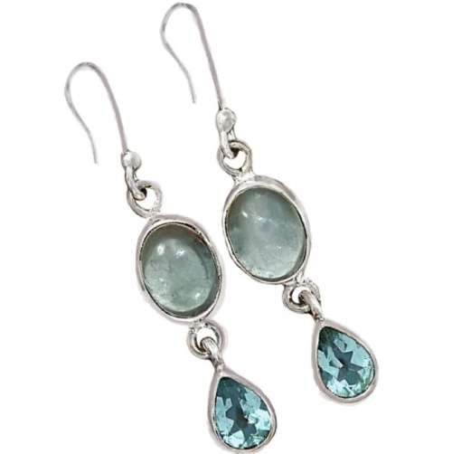 Natural Aquamarine, Rainbow Moonstone Gemstone Solid .925 Sterling Silver Earrings