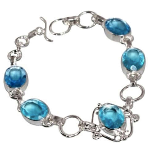 Stunning Blue Topaz Oval Gemstones in .925  Sterling Silver Plated Handmade Bracelet