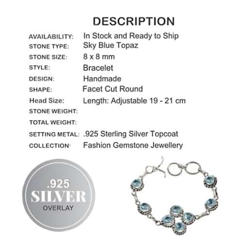 Handmade Stunning Blue Topaz  Gemstone.925 Silver Bracelet