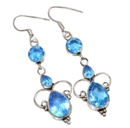 Exotic Blue Topaz Mixed Shape Gemstones set in .925 Sterling Silver Plated Handmade Earrings