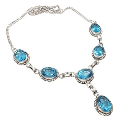 Faceted Blue Topaz Ovals set in .925 Sterling Silver Plated Handmade Necklace