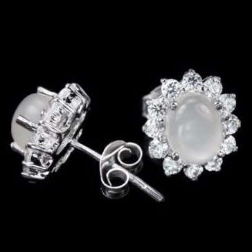 Natural White Moonstone, White Cubic Zirconia Gemstone in Solid .925 Silver 14K White Gold Earrings