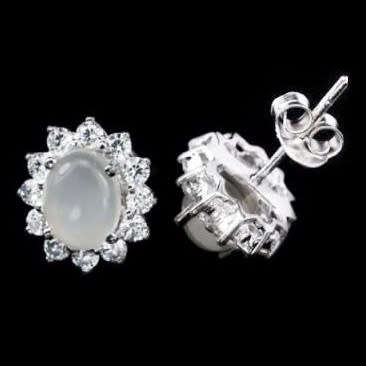 Natural White Moonstone, White Cubic Zirconia Gemstone in Solid .925 Silver 14K White Gold Earrings
