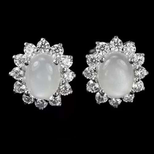 Natural White Moonstone, White Cubic Zirconia Gemstone in Solid .925 Silver 14K White Gold Earrings
