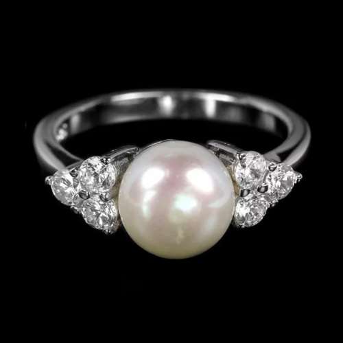 Natural White Pearl Diamond Cut CZ set in Solid .925 Sterling Silver 14K White Gold Ring Size 6 / M