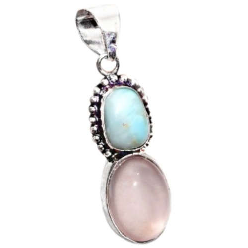 Natural Caribbean Blue Larimar, Rose Quartz .925 Sterling Silver Plated Dainty Pendant