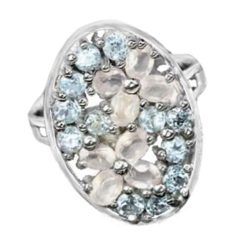 Outstanding Natural Rose Quartz, Sky Blue Topaz Zirconia Gemstone Solid .925 Silver Size 6.75