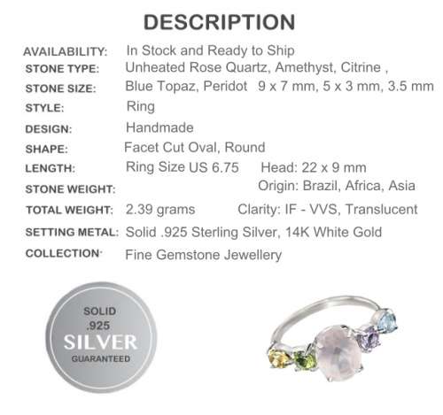 Earth Mined Genuine Stones Rose Quartz, Multi-Gems Solid .925 Sterling Silver Ring Size 6.75 /N1/2-O