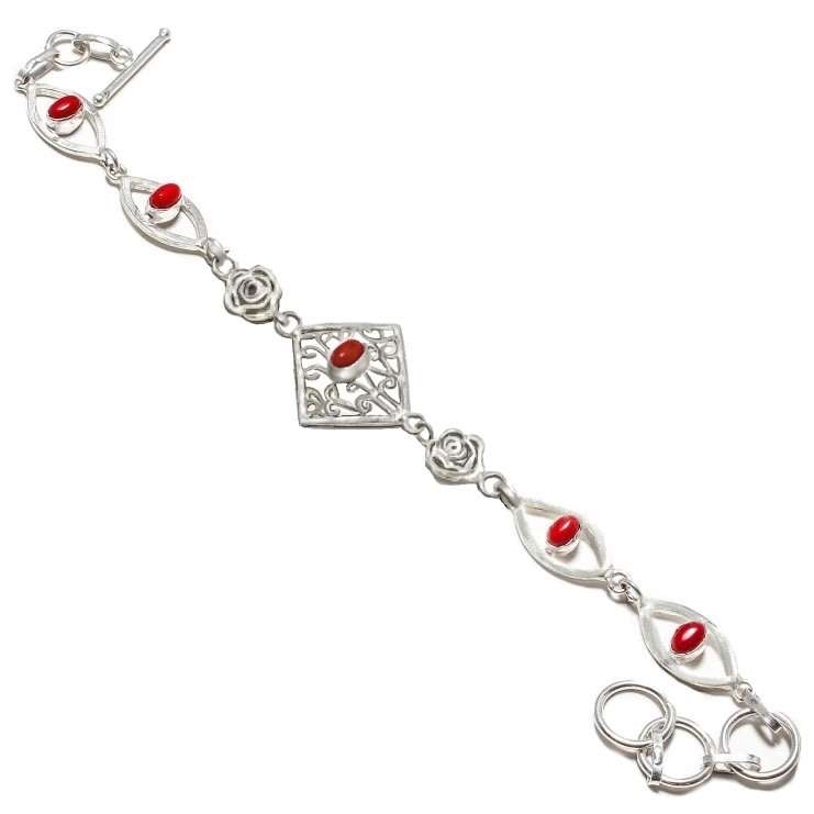 Red Coral Ovals set in  .925 Sterling Silver Plated Handmade Dainty Bracelet