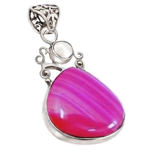Natural Pink Botswana Agate Pear Shape White Pearl set in Solid .925 Sterling Silver Pendant